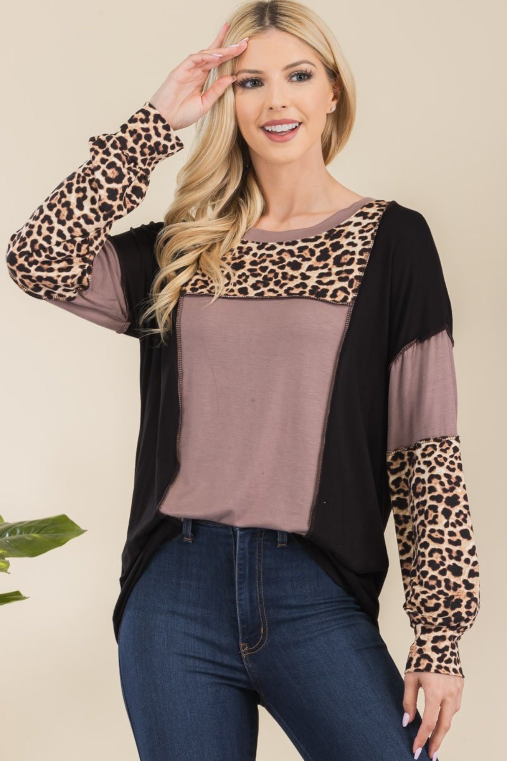 Celeste Full Size Leopard Color Block Exposed Seam T-Shirt - Admiresty