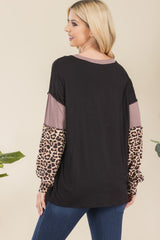 Celeste Full Size Leopard Color Block Exposed Seam T-Shirt - Admiresty