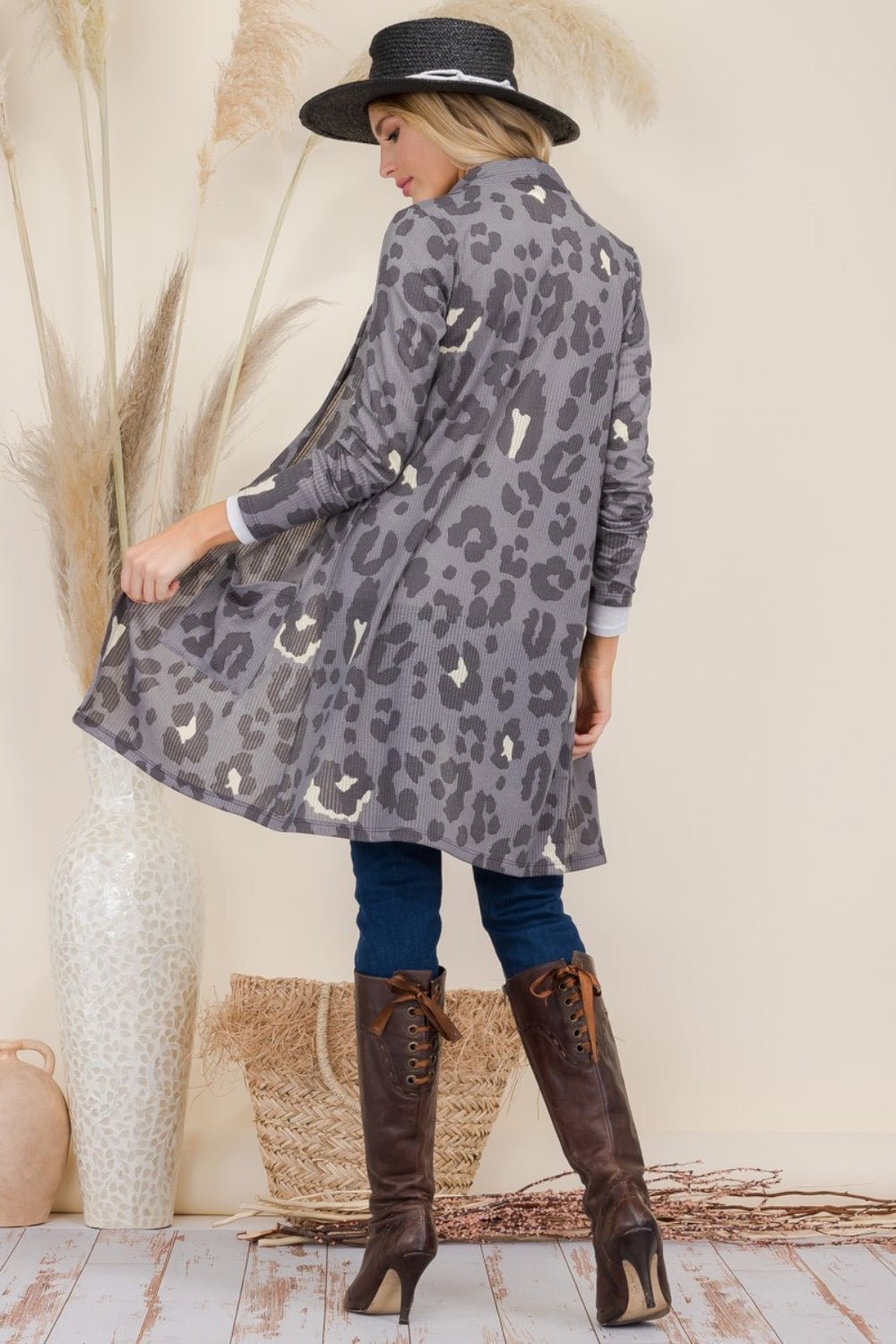 Celeste Full Size Leopard Open Front Contrast Cardigan - Admiresty