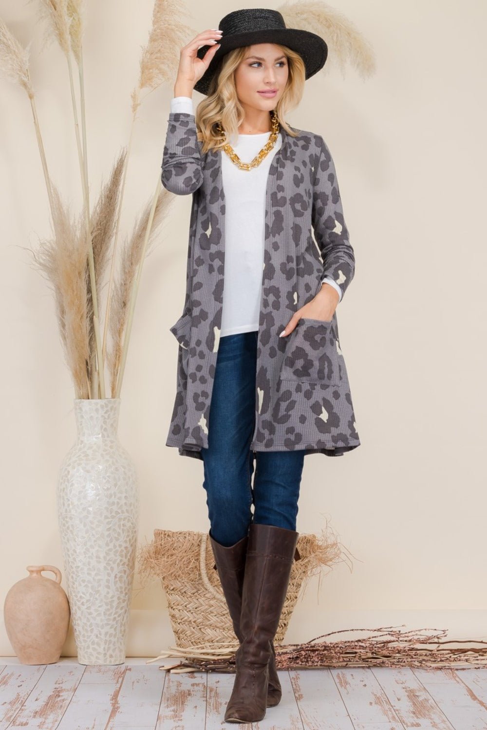 Celeste Full Size Leopard Open Front Contrast Cardigan - Admiresty