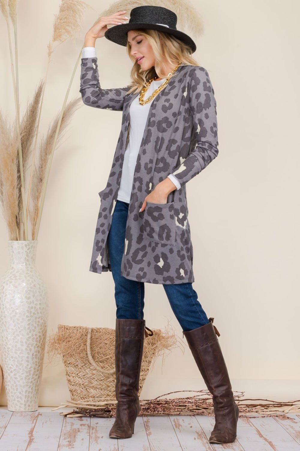 Celeste Full Size Leopard Open Front Contrast Cardigan - Admiresty