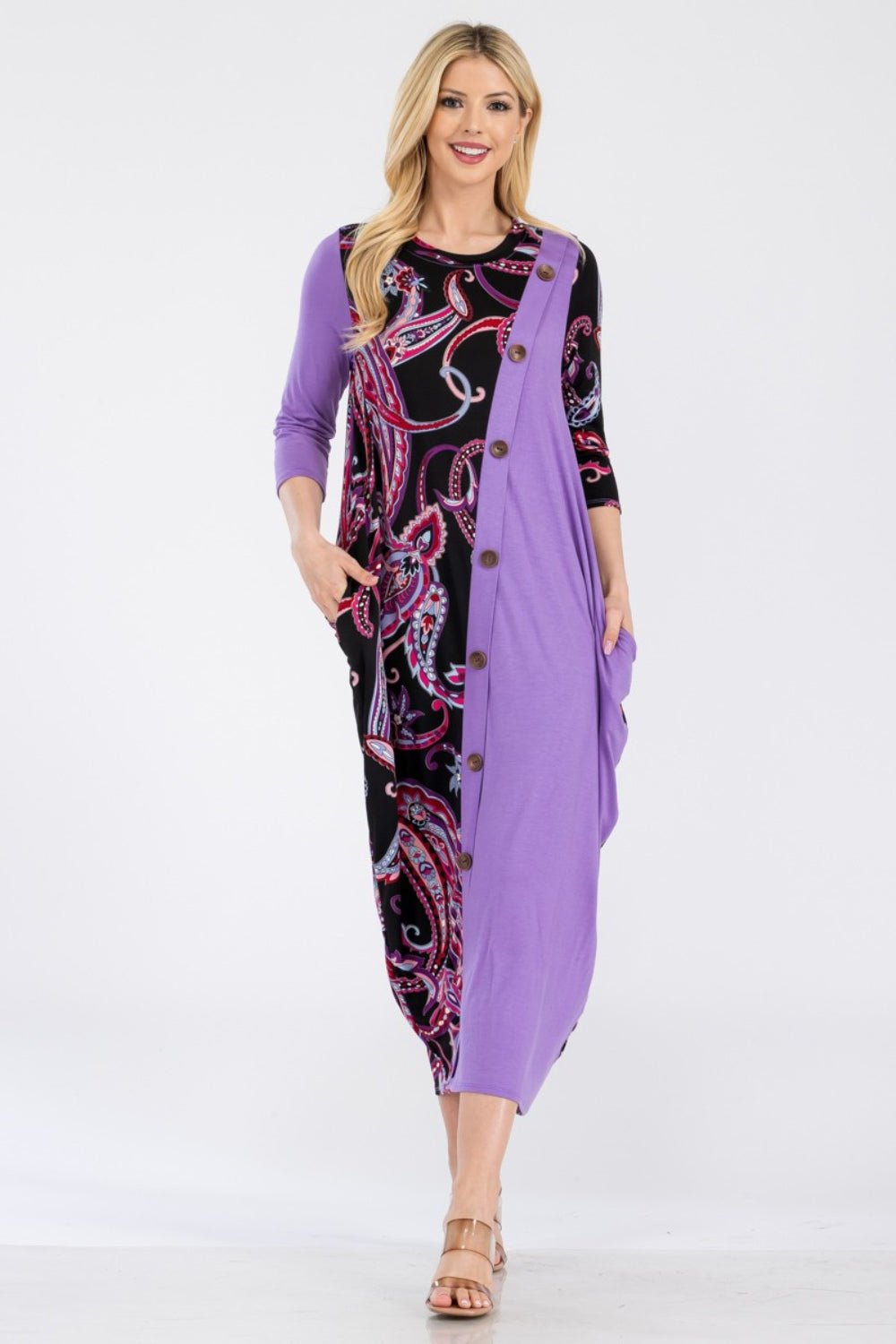 Celeste Full Size Paisley Contrast Midi Dress with Pockets - Admiresty