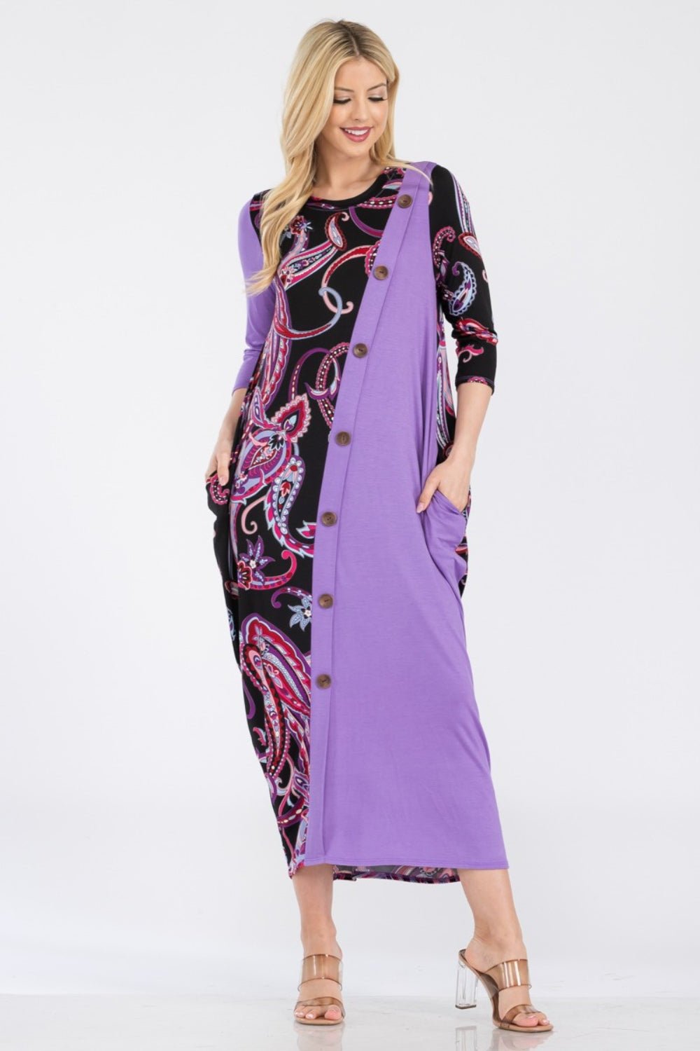 Celeste Full Size Paisley Contrast Midi Dress with Pockets - Admiresty