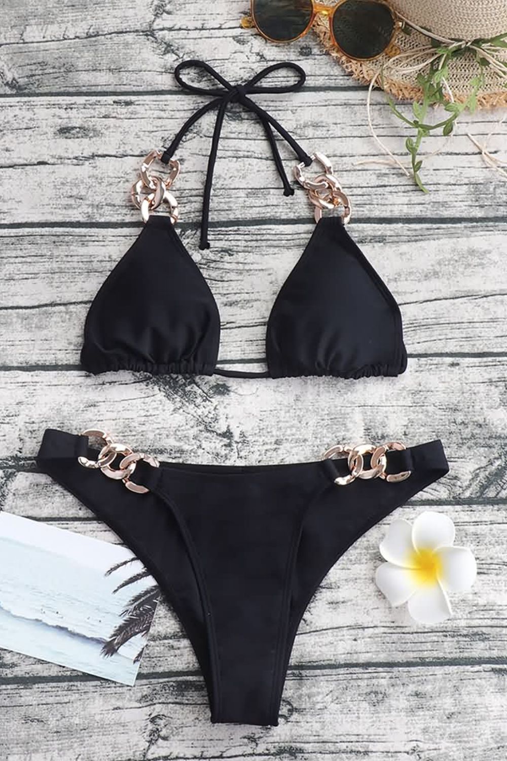 Chain Detail Tied Halter Neck Bikini Set - Admiresty