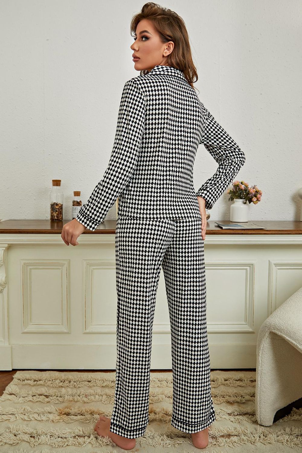 Checkered Button Front Top and Pants Loungewear Set - Admiresty