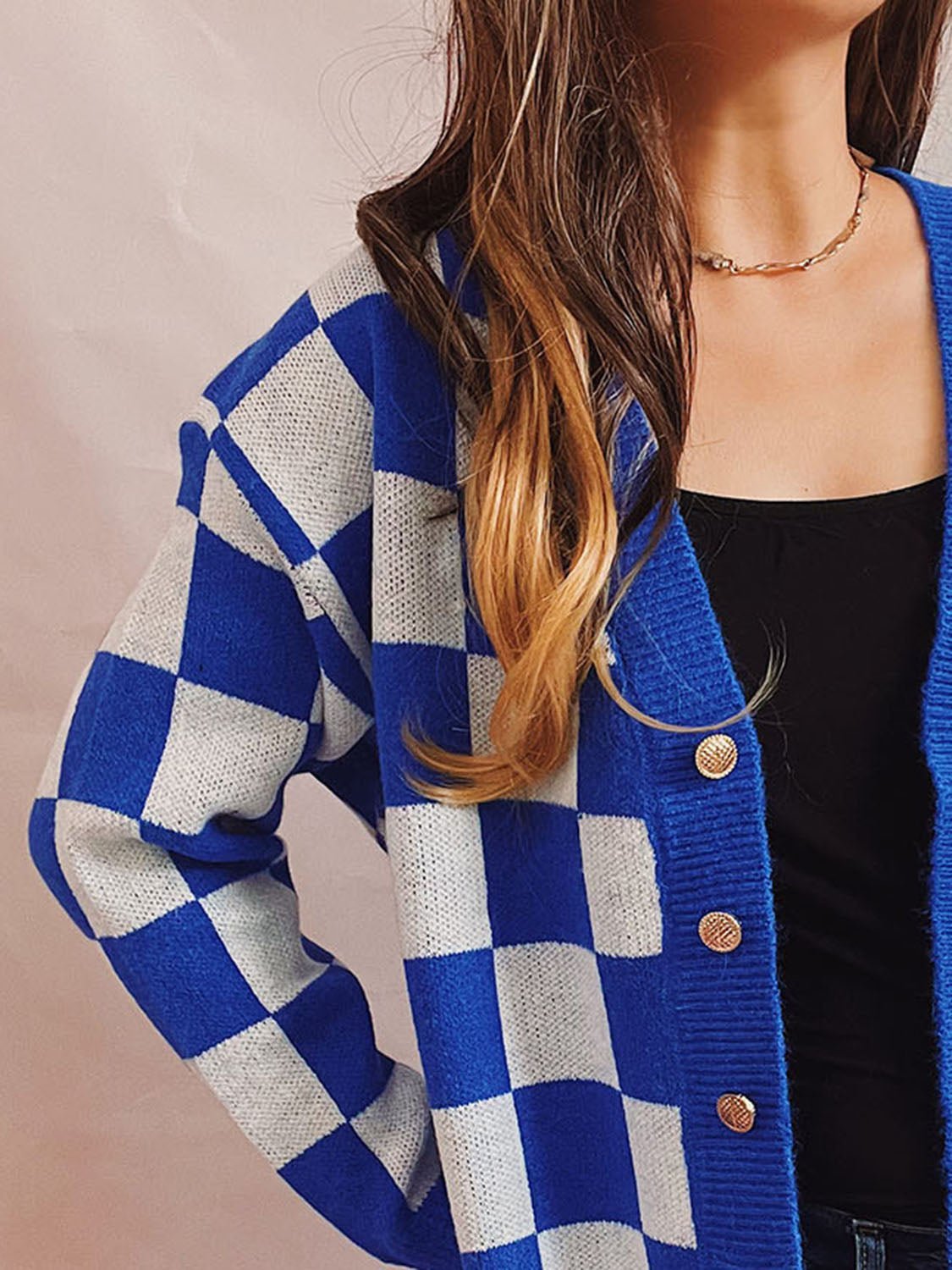 Checkered Open Front Button Up Cardigan - Admiresty