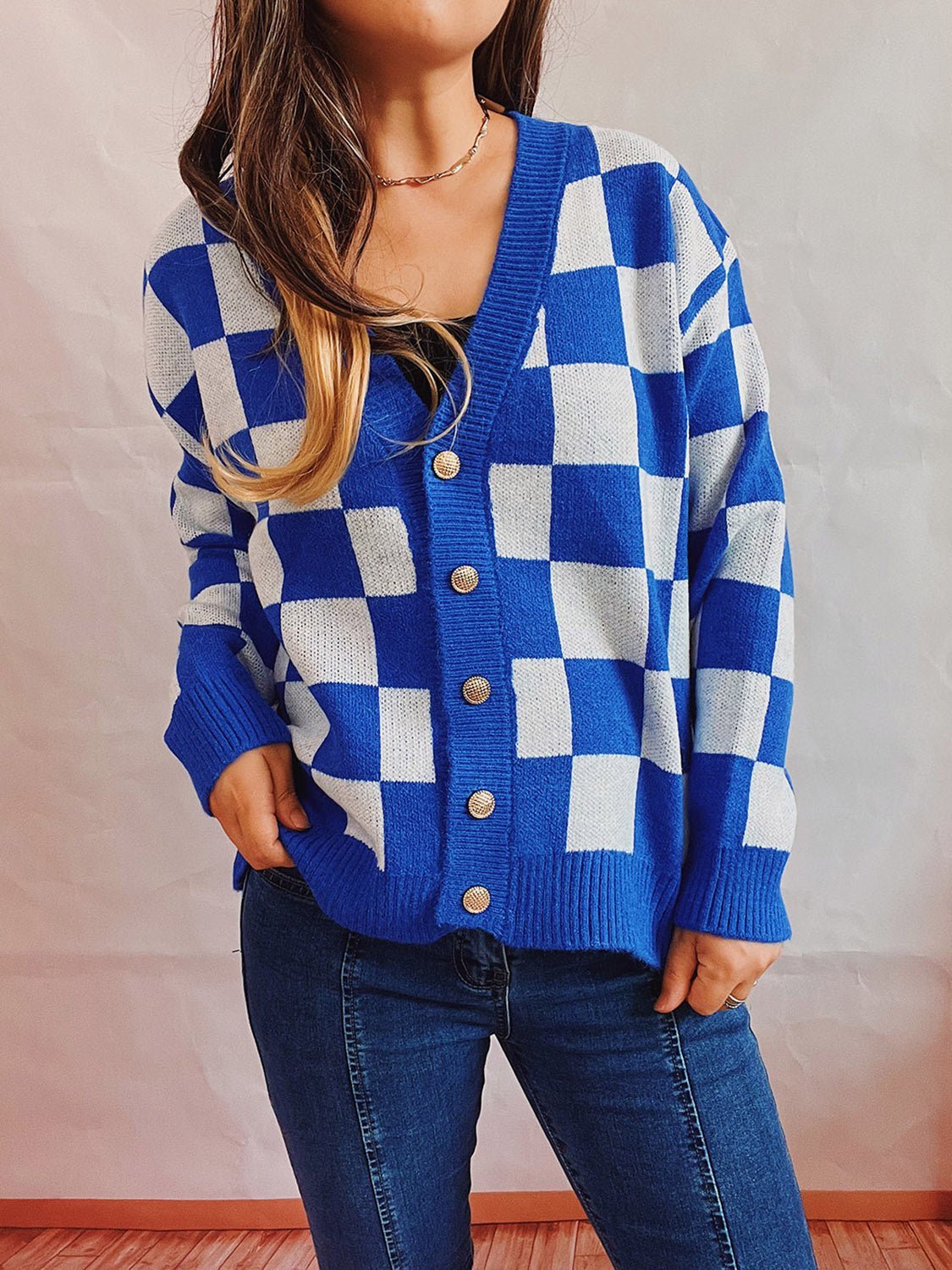 Checkered Open Front Button Up Cardigan - Admiresty