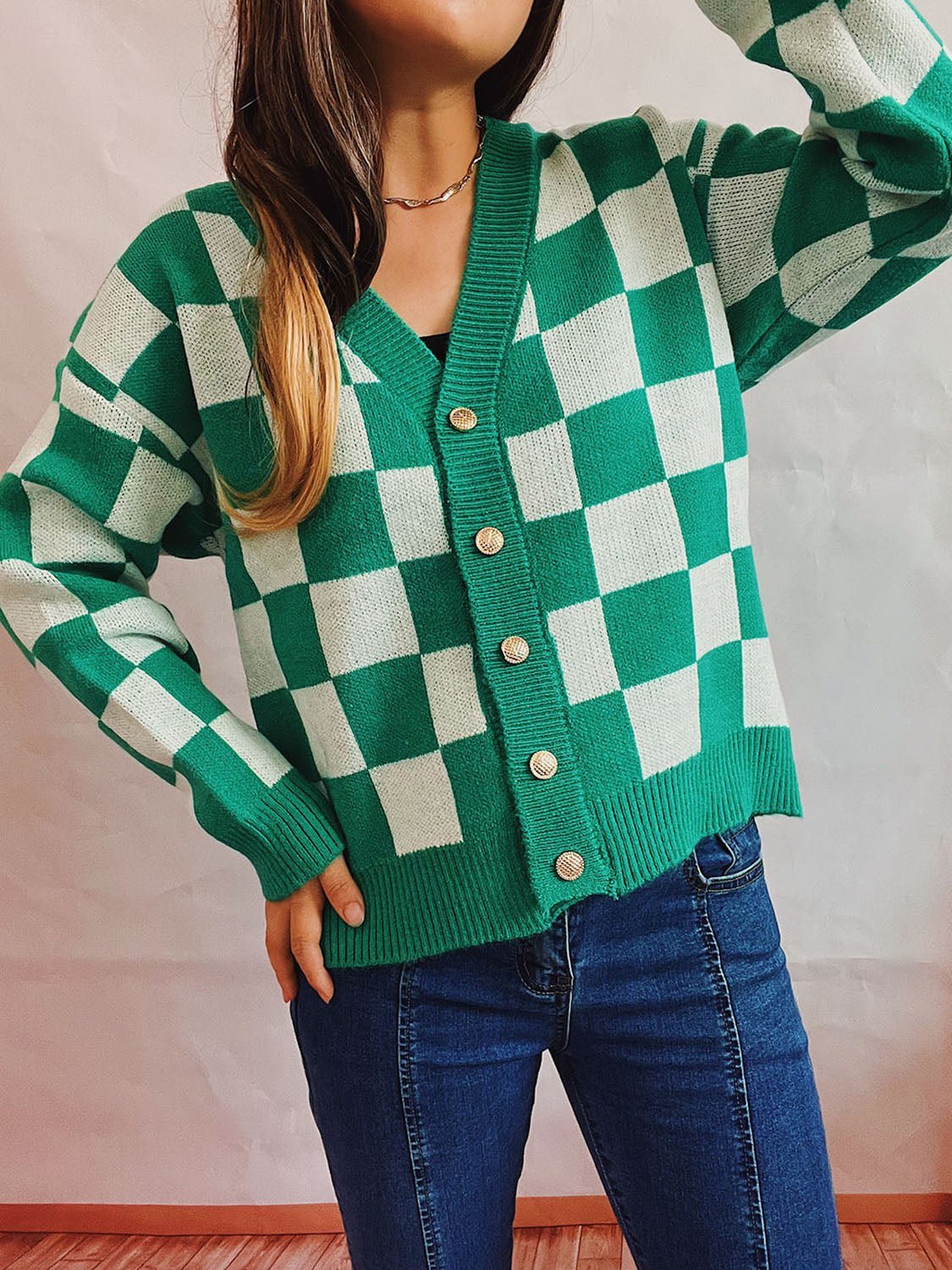 Checkered Open Front Button Up Cardigan - Admiresty