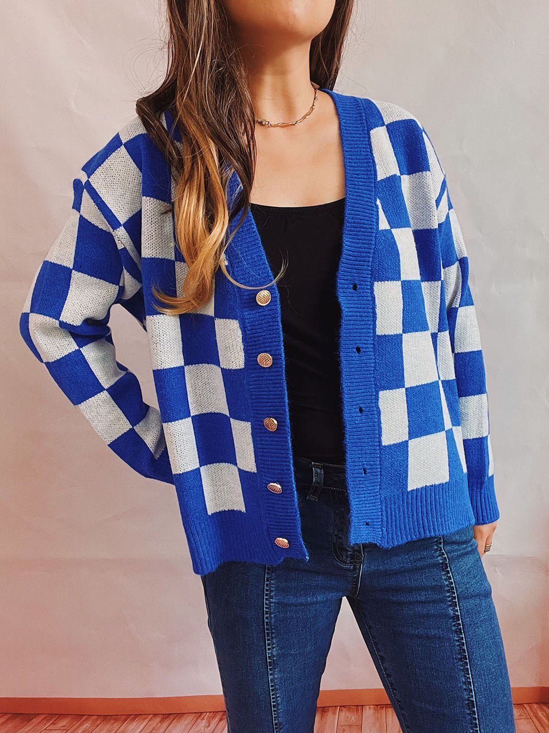 Checkered Open Front Button Up Cardigan - Admiresty