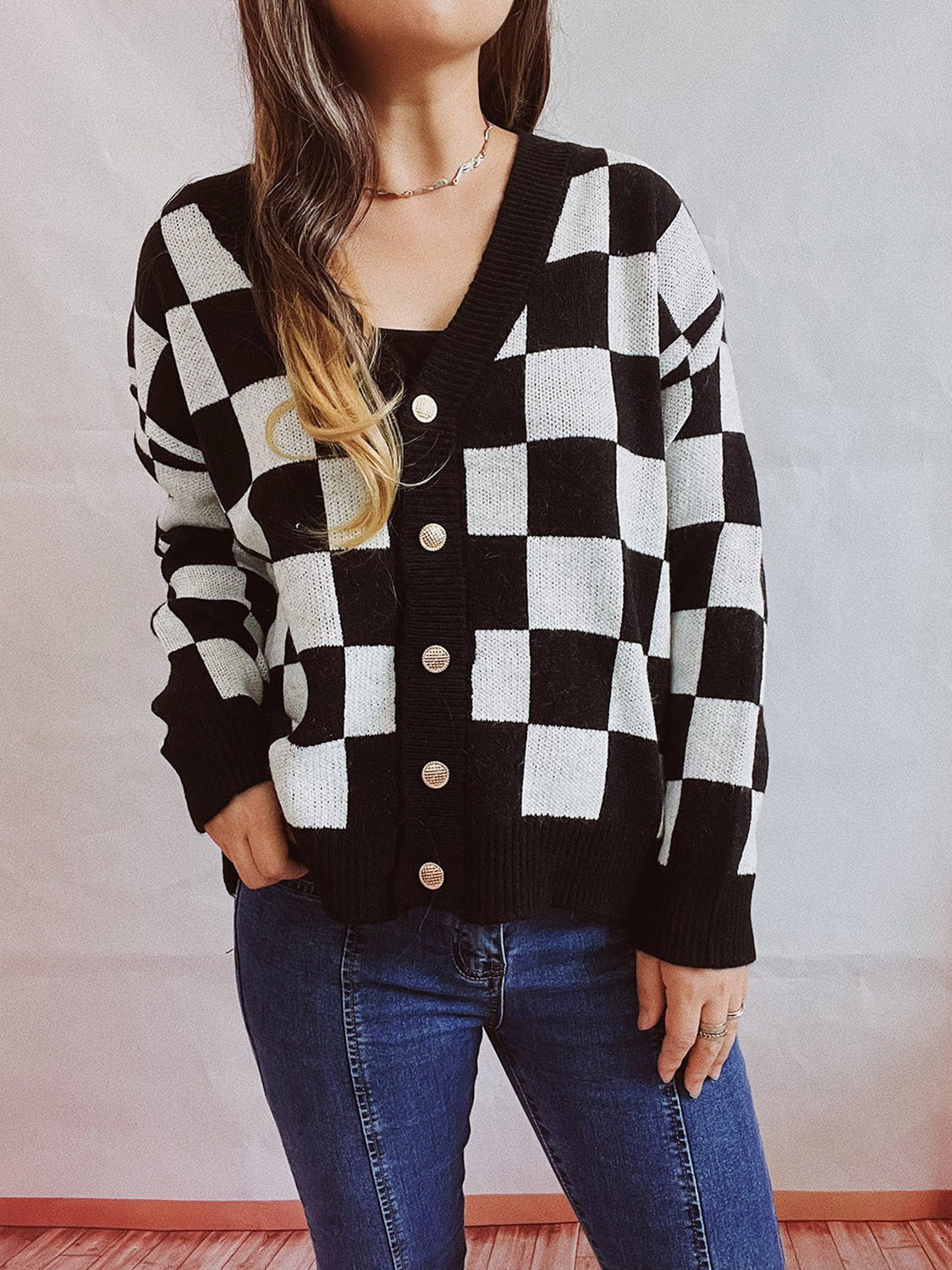 Checkered Open Front Button Up Cardigan - Admiresty