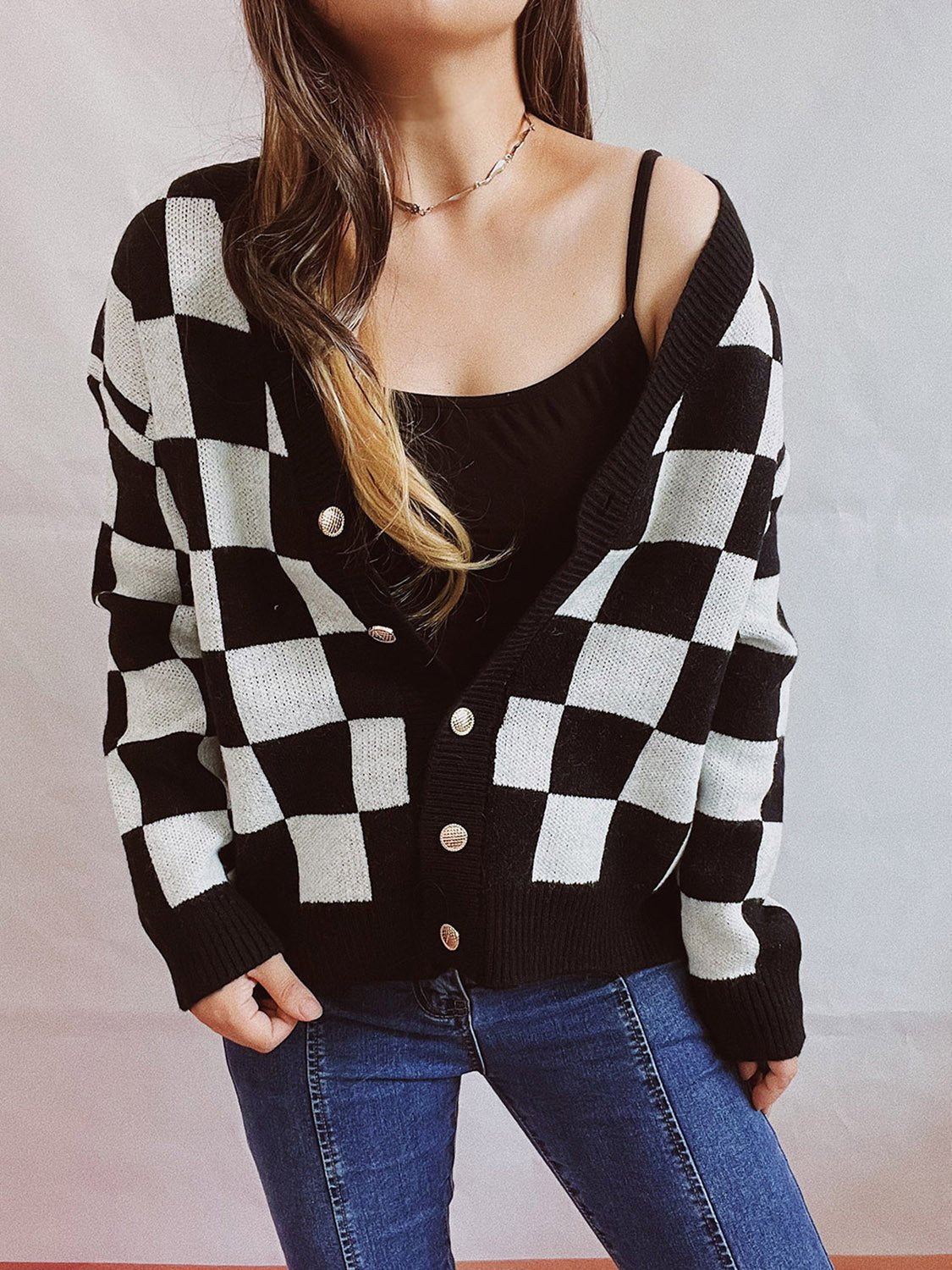 Checkered Open Front Button Up Cardigan - Admiresty