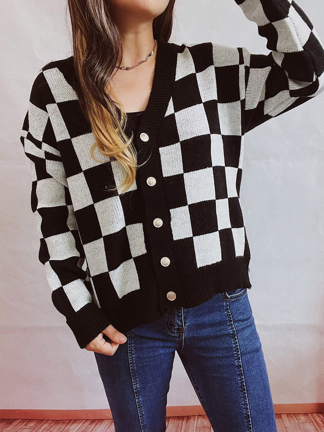 Checkered Open Front Button Up Cardigan - Admiresty