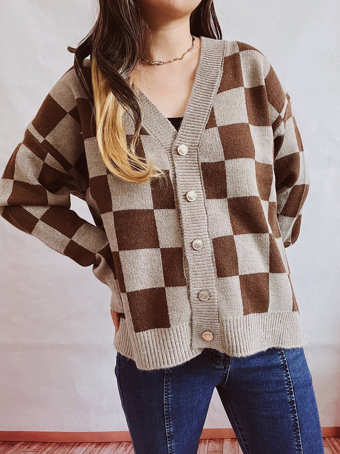 Checkered Open Front Button Up Cardigan - Admiresty