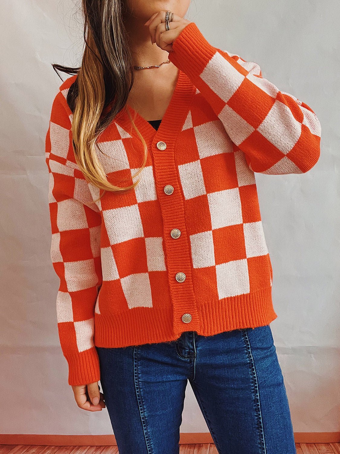 Checkered Open Front Button Up Cardigan - Admiresty