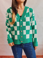 Checkered Open Front Button Up Cardigan - Admiresty