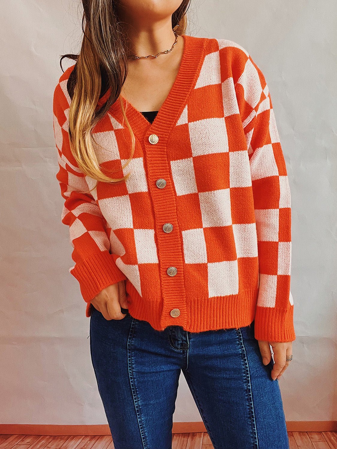 Checkered Open Front Button Up Cardigan - Admiresty