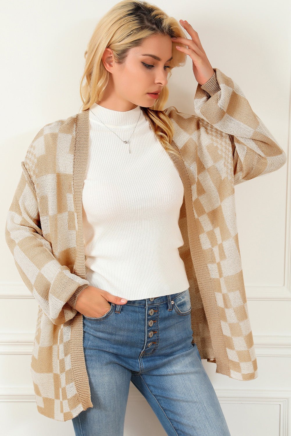 Checkered Open Front Cardigan - Admiresty