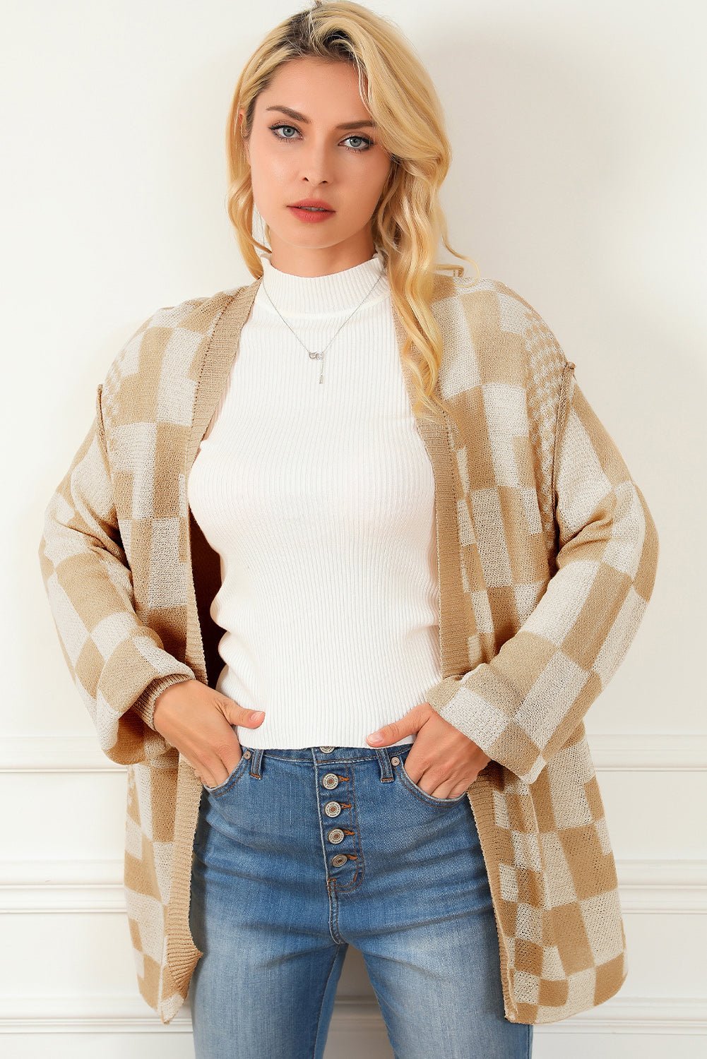 Checkered Open Front Cardigan - Admiresty