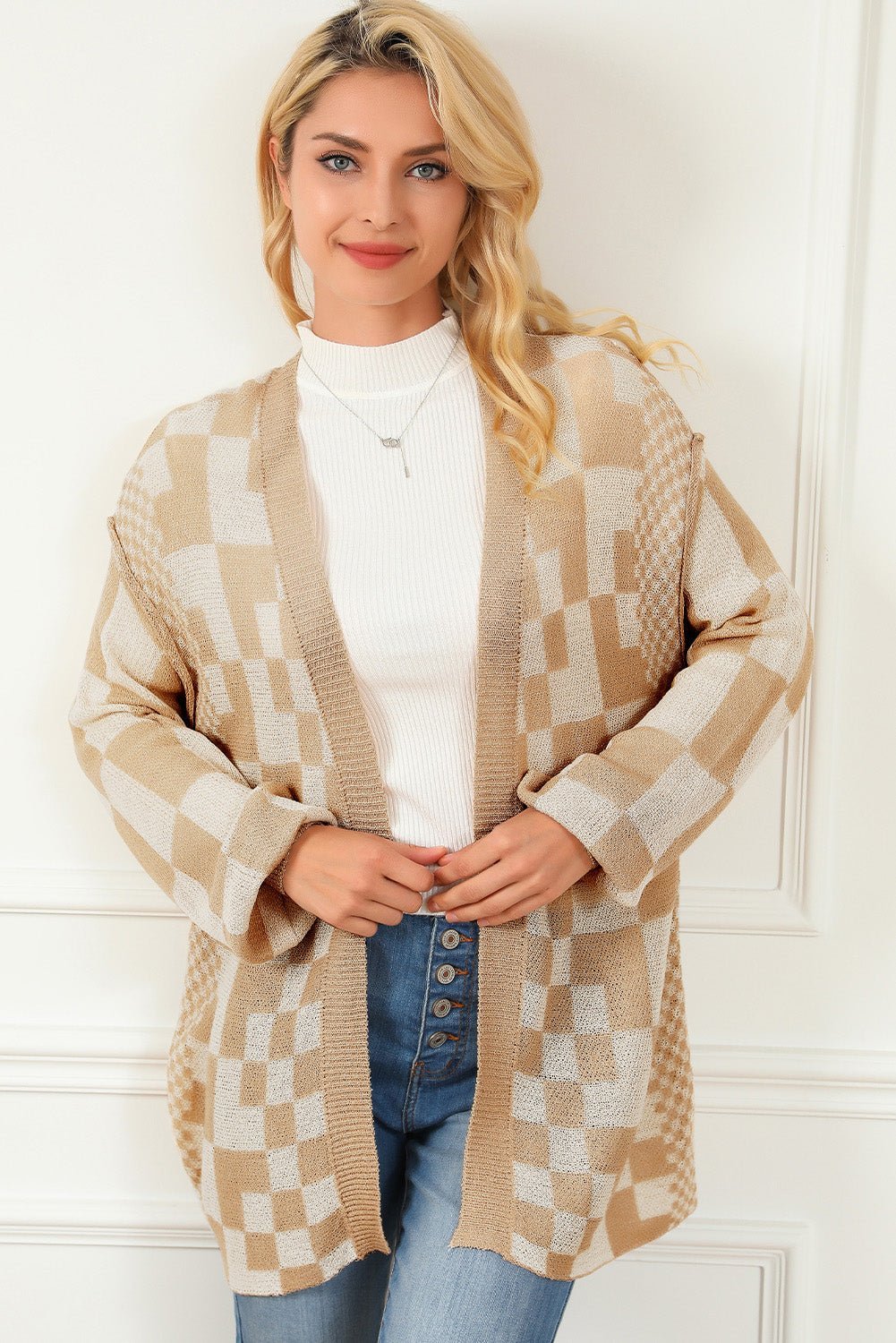 Checkered Open Front Cardigan - Admiresty