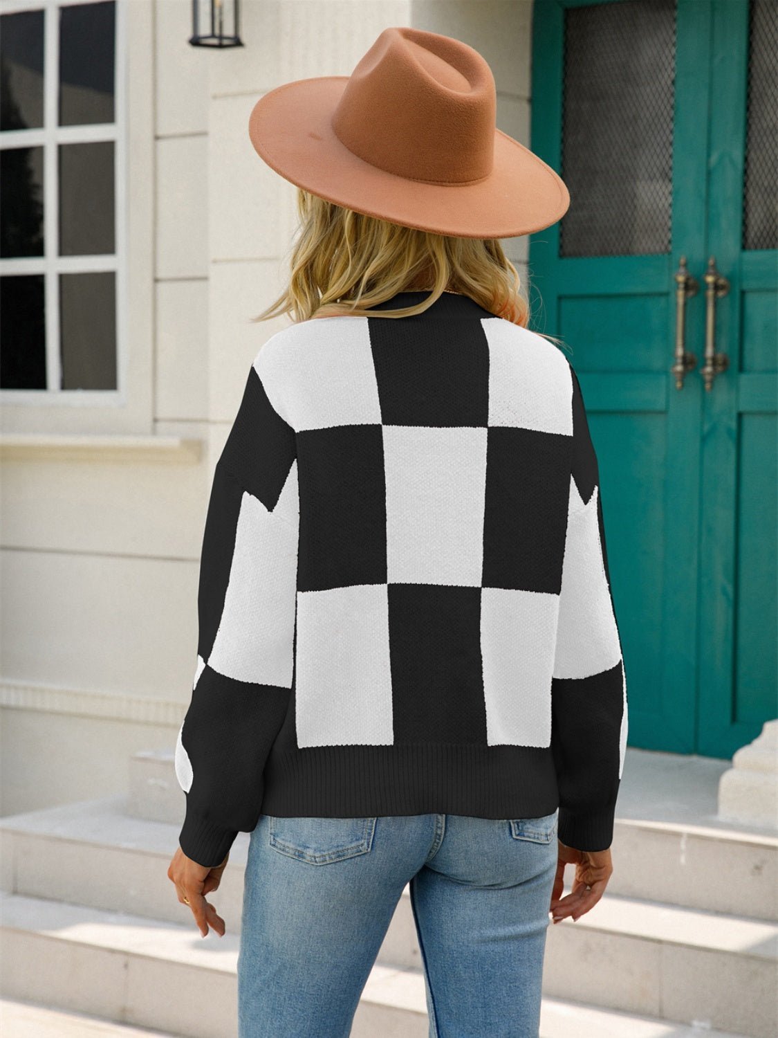 Checkered Round Neck Dropped Shoulder Sweater - Admiresty