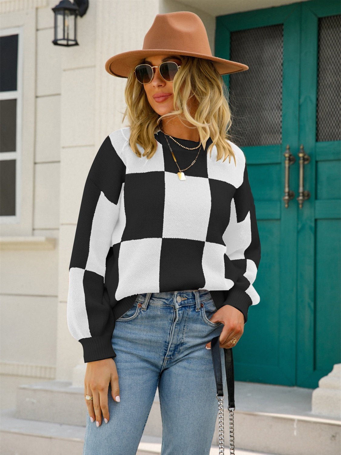 Checkered Round Neck Dropped Shoulder Sweater - Admiresty