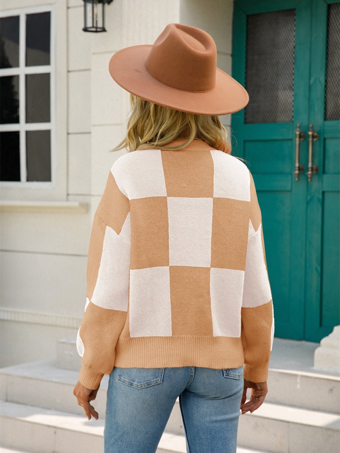 Checkered Round Neck Dropped Shoulder Sweater - Admiresty