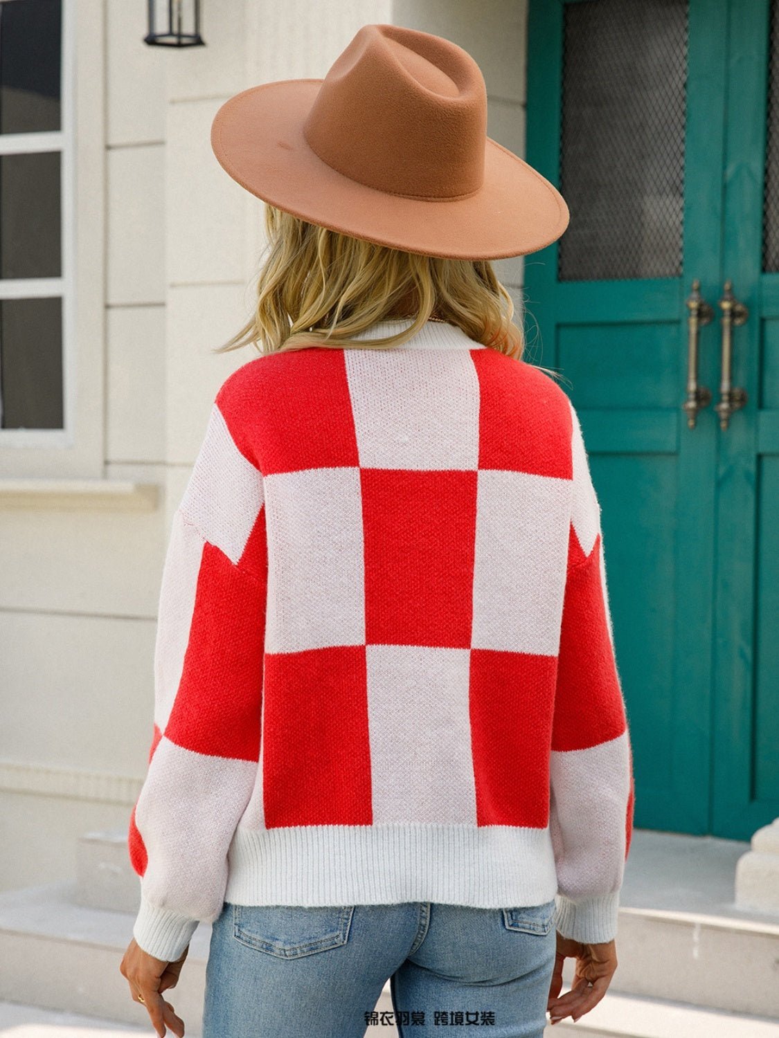 Checkered Round Neck Dropped Shoulder Sweater - Admiresty