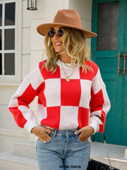 Checkered Round Neck Dropped Shoulder Sweater - Admiresty