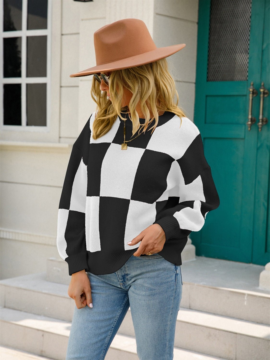 Checkered Round Neck Dropped Shoulder Sweater - Admiresty