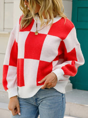 Checkered Round Neck Dropped Shoulder Sweater - Admiresty