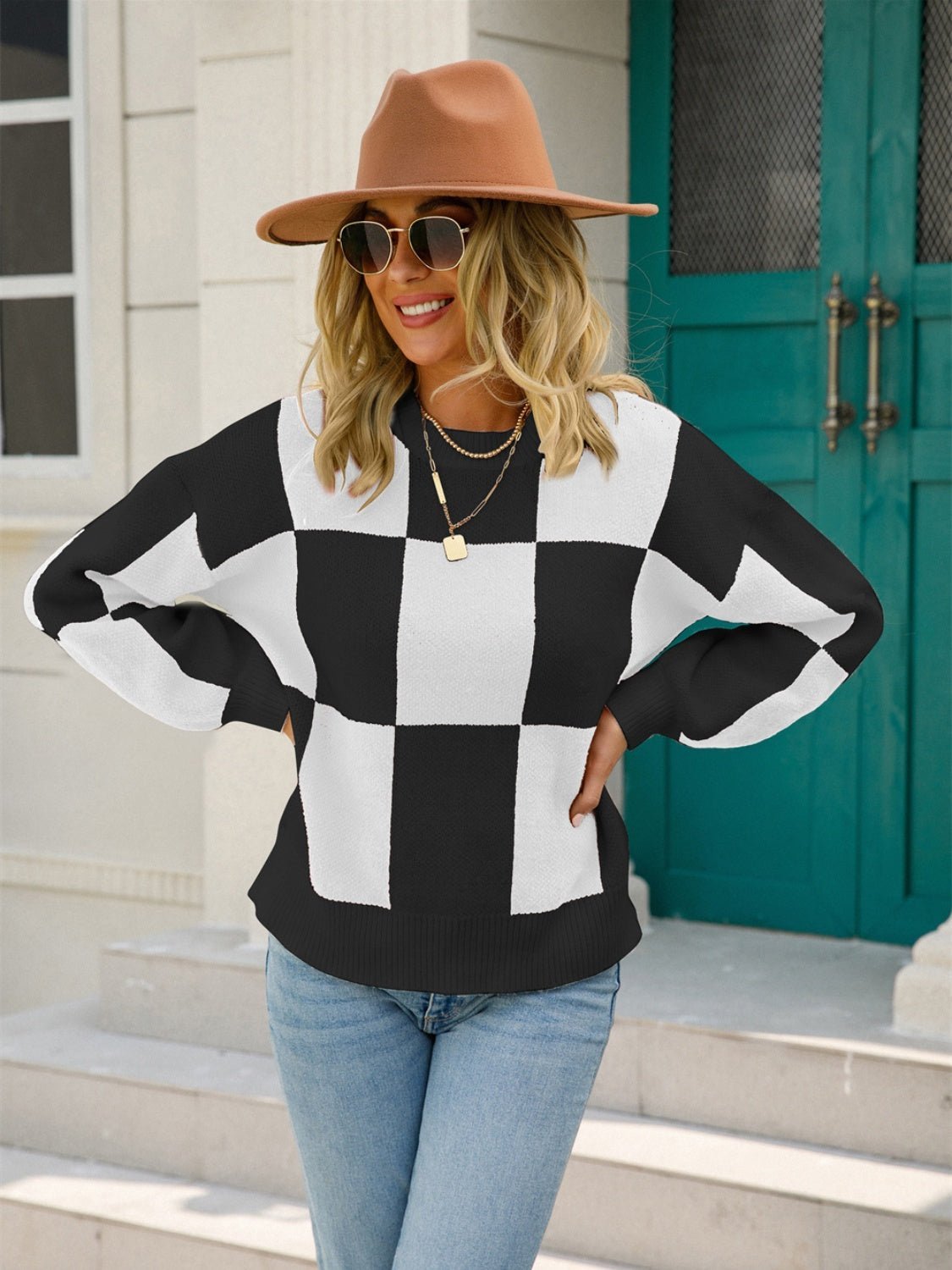 Checkered Round Neck Dropped Shoulder Sweater - Admiresty