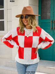 Checkered Round Neck Dropped Shoulder Sweater - Admiresty