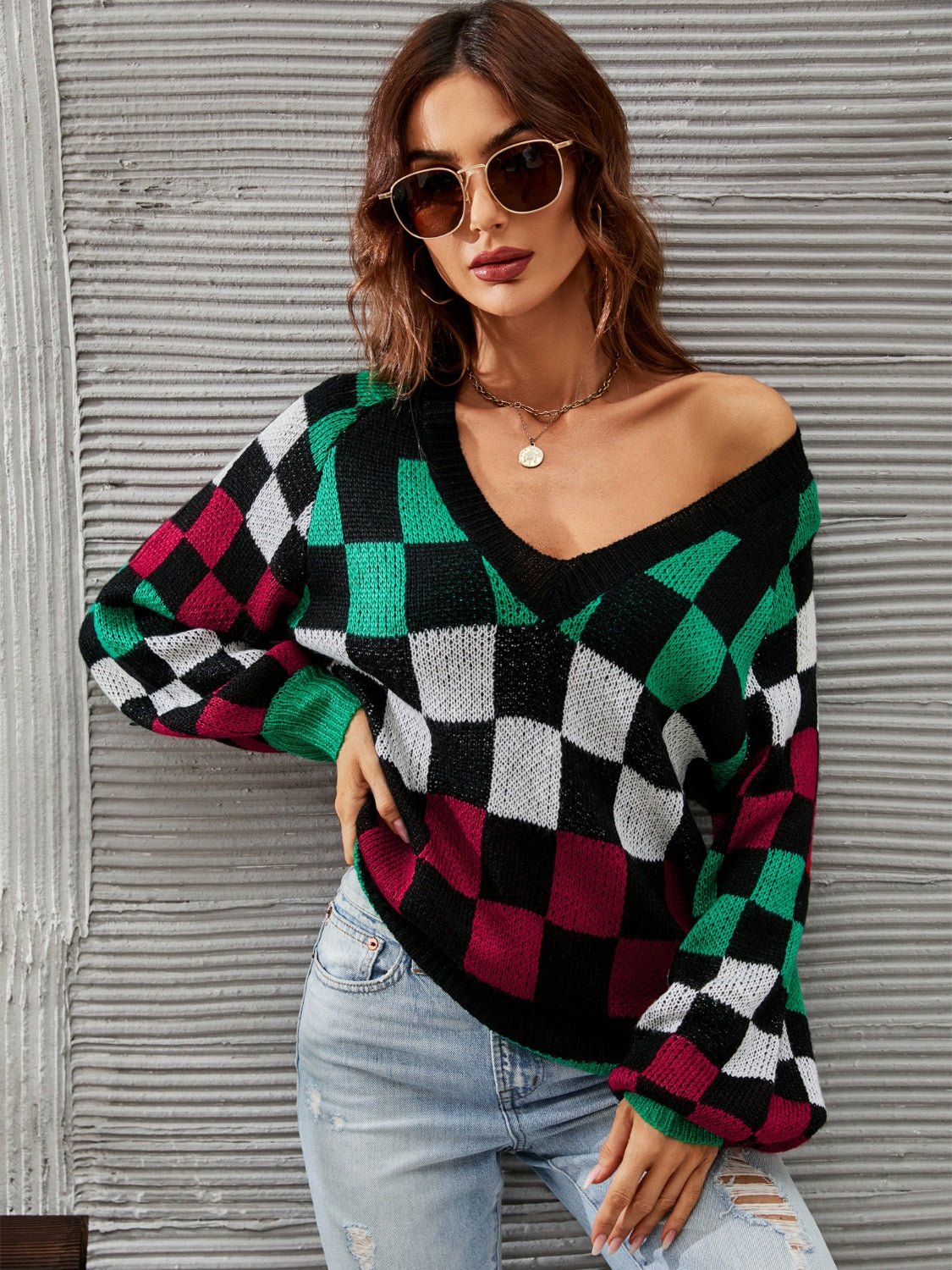 Checkered V - Neck Lantern Sleeve Sweater - Admiresty