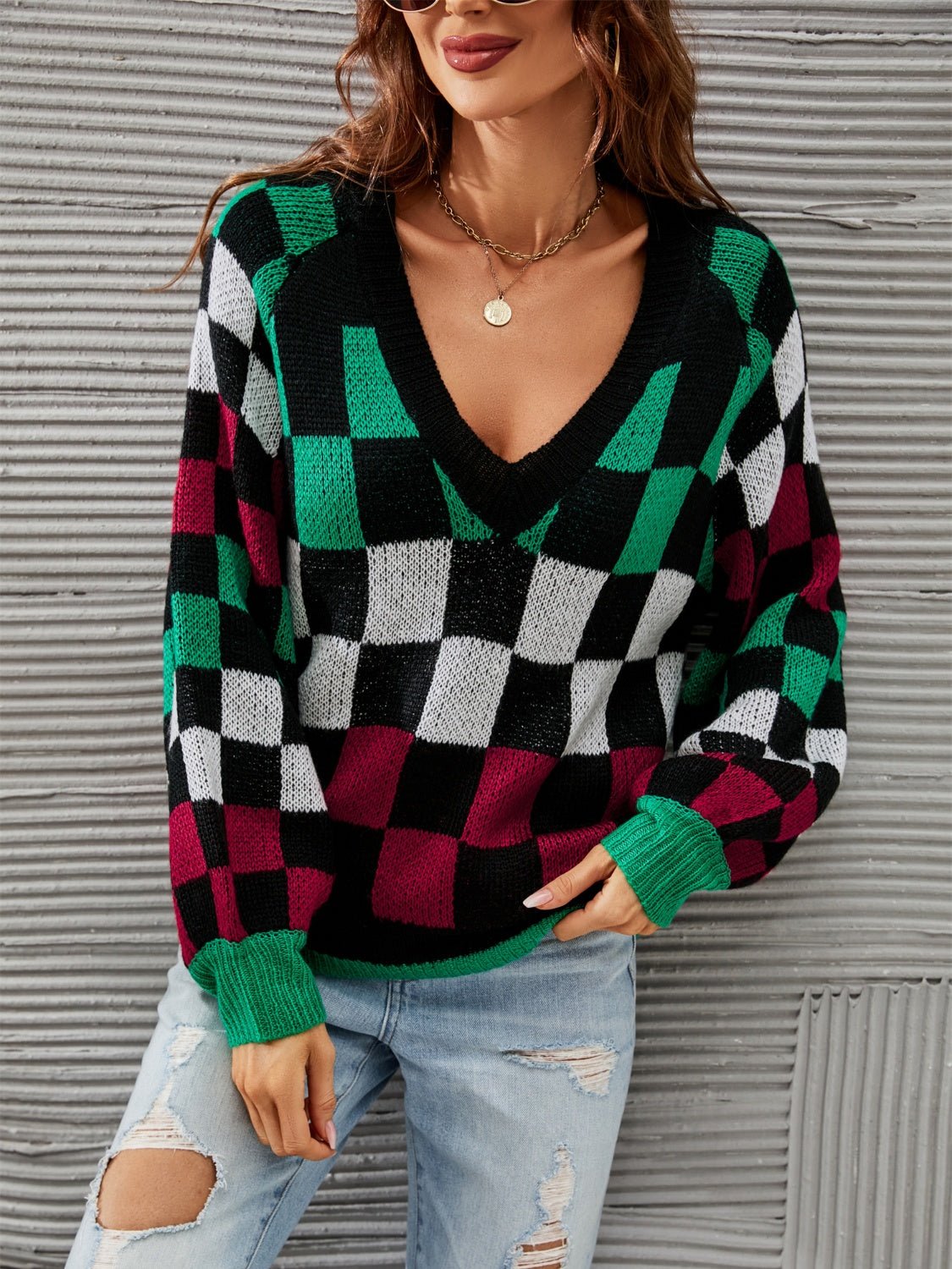 Checkered V - Neck Lantern Sleeve Sweater - Admiresty