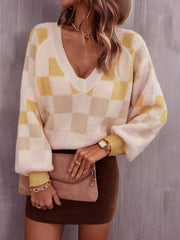 Checkered V - Neck Lantern Sleeve Sweater - Admiresty