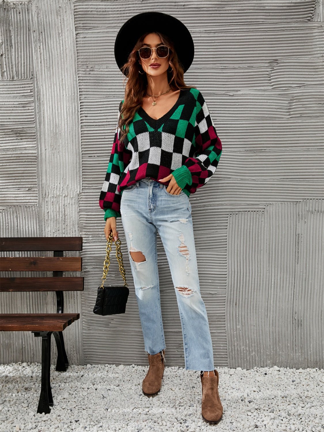 Checkered V - Neck Lantern Sleeve Sweater - Admiresty