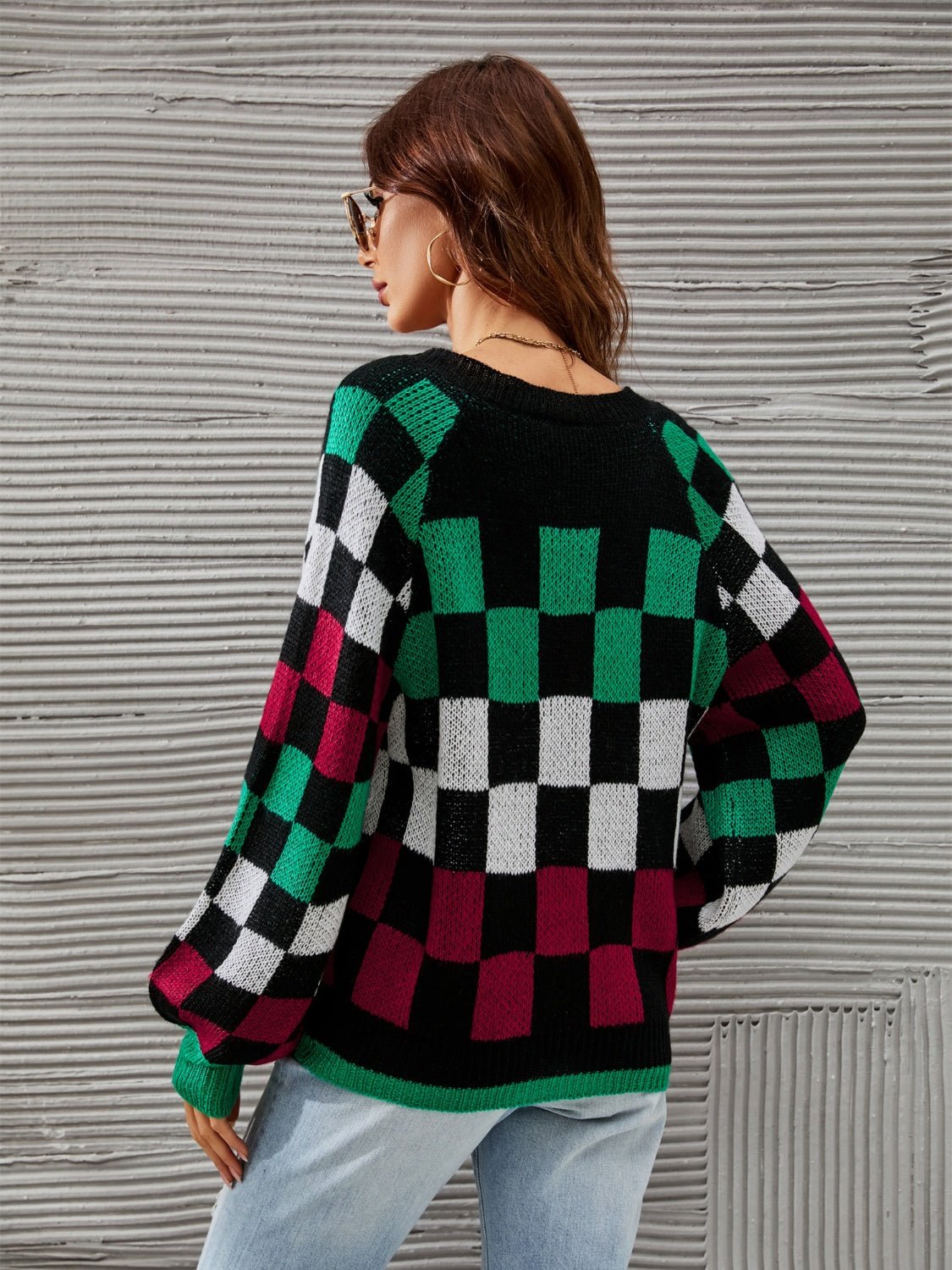 Checkered V - Neck Lantern Sleeve Sweater - Admiresty