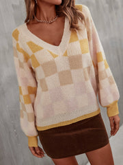 Checkered V - Neck Lantern Sleeve Sweater - Admiresty