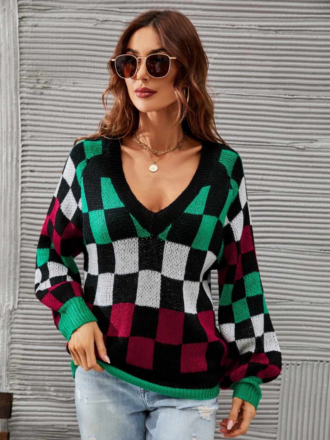 Checkered V - Neck Lantern Sleeve Sweater - Admiresty