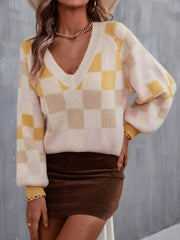 Checkered V - Neck Lantern Sleeve Sweater - Admiresty