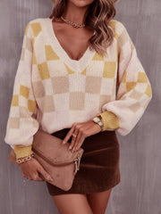 Checkered V - Neck Lantern Sleeve Sweater - Admiresty