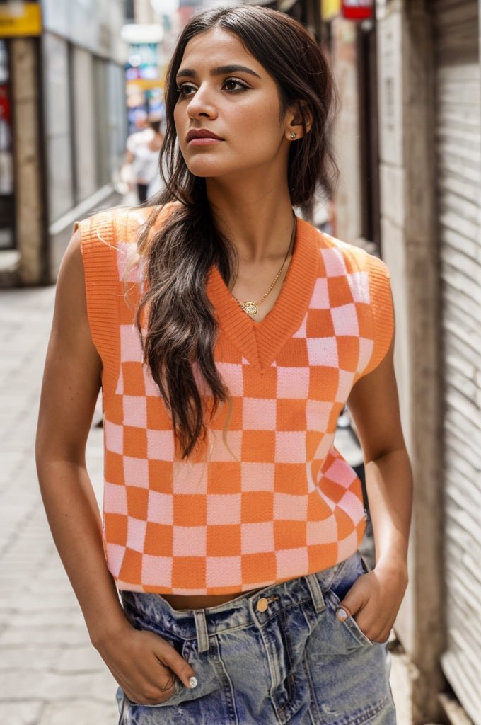 Checkered V - Neck Sweater Vest - Admiresty