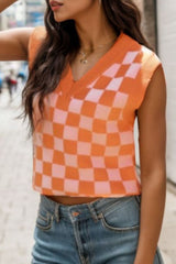 Checkered V - Neck Sweater Vest - Admiresty