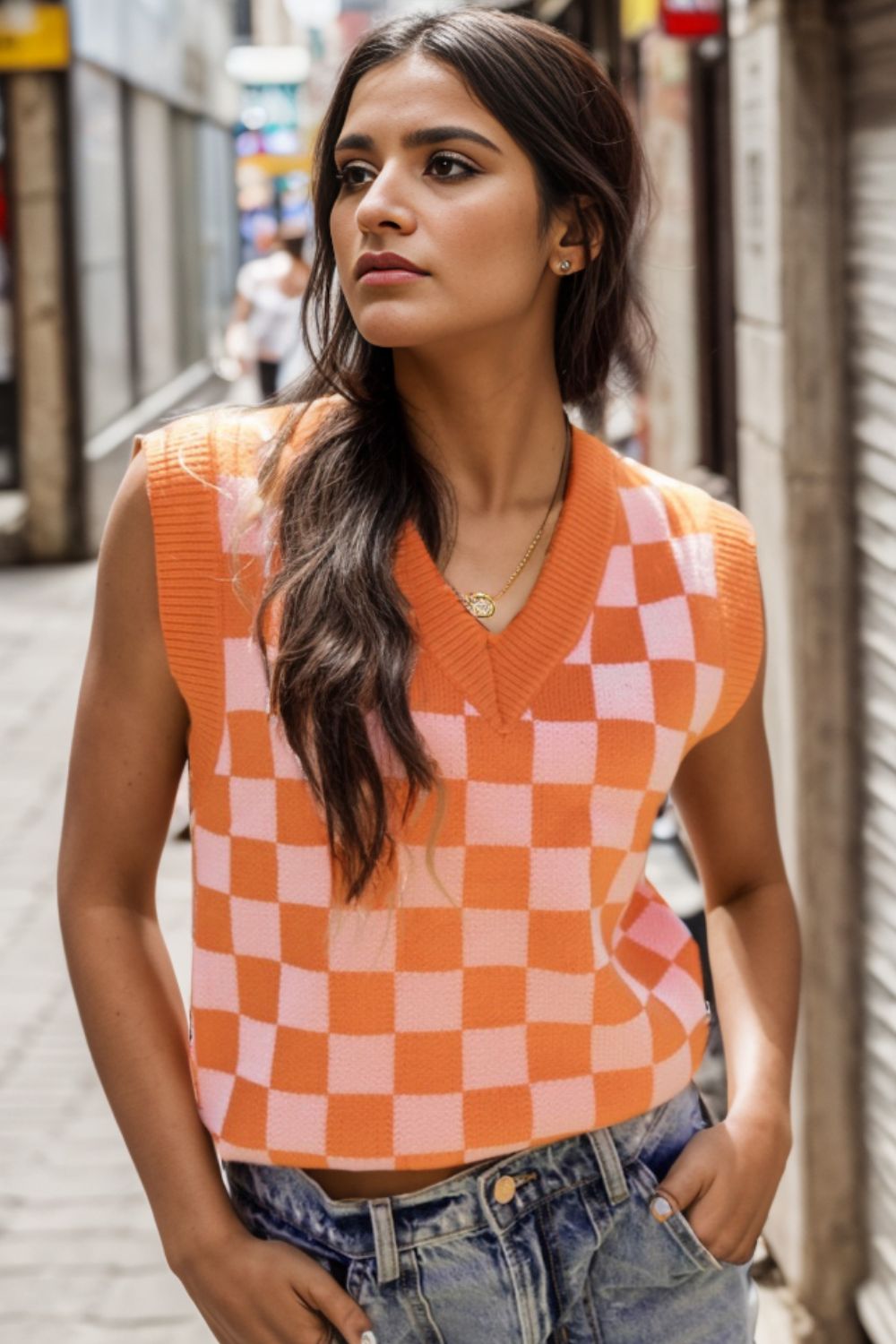 Checkered V - Neck Sweater Vest - Admiresty