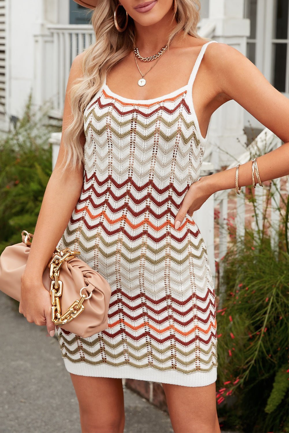 Chevron Stripe Spaghetti Strap Knit Dress - Admiresty