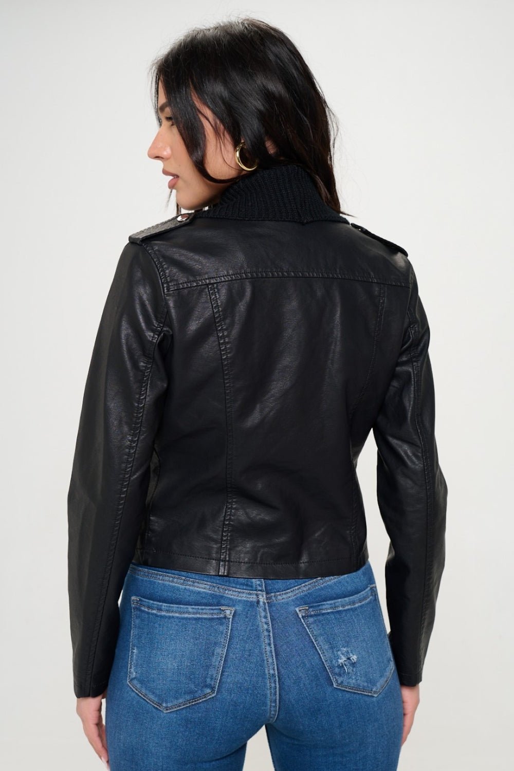 Coalition LA Knit Collared Faux Leather Crop Jacket - Admiresty