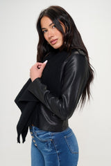 Coalition LA Knit Collared Faux Leather Crop Jacket - Admiresty