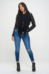 Coalition LA Knit Collared Faux Leather Crop Jacket - Admiresty