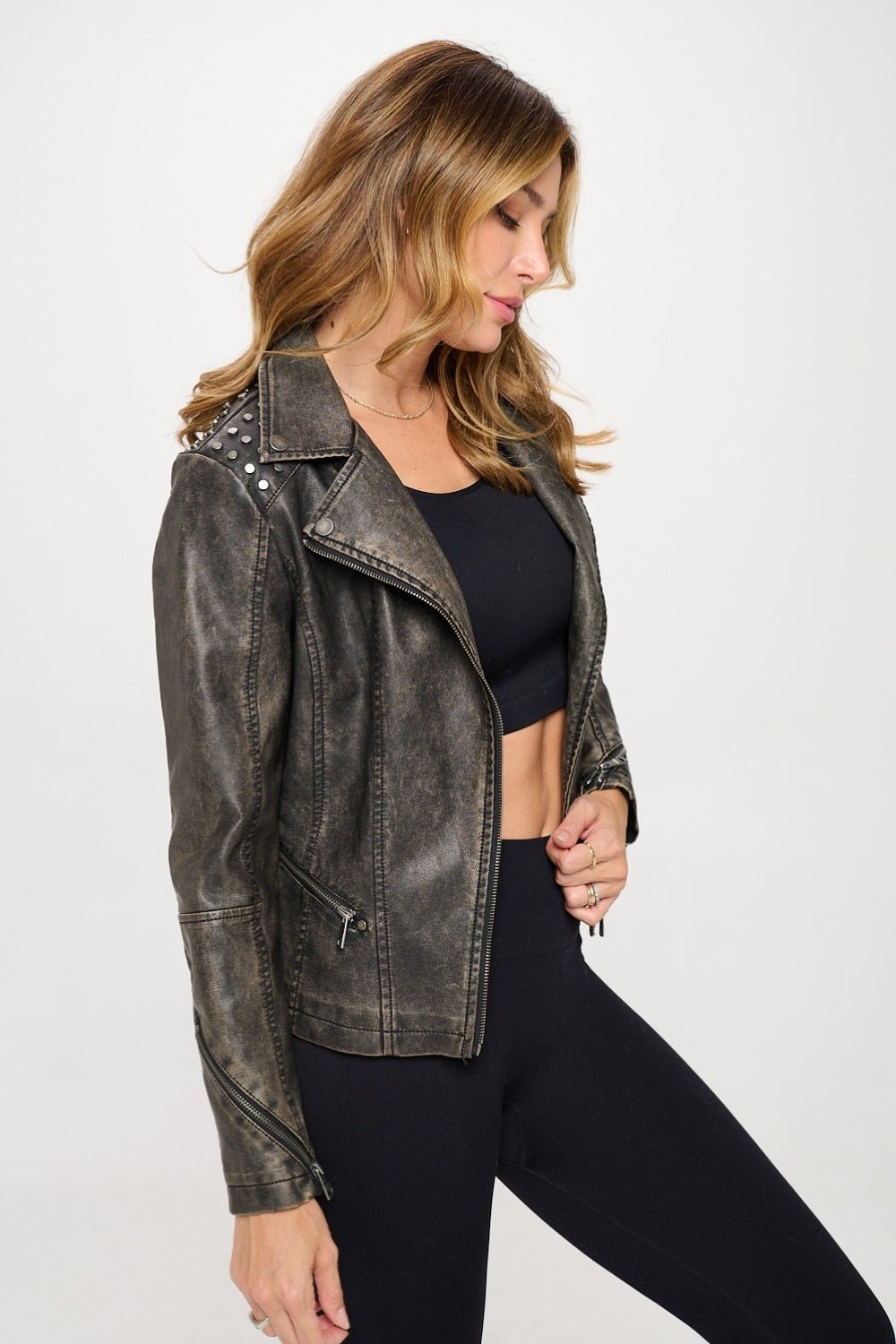 Coalition LA Studded Classic Moto Faux Leather Jacket - Admiresty