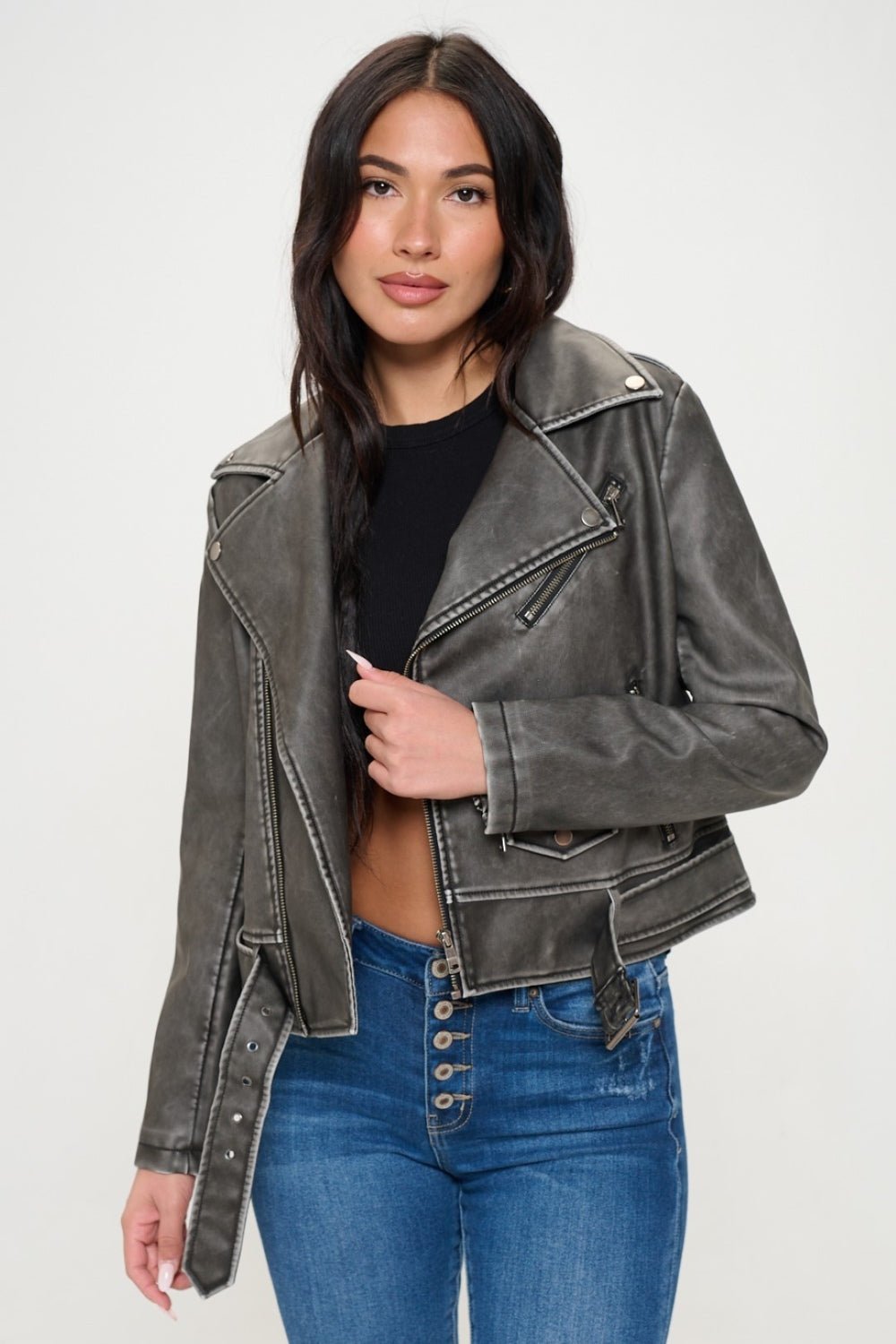 Coalition LA Zip Up Biker Jacket with Belt - Admiresty